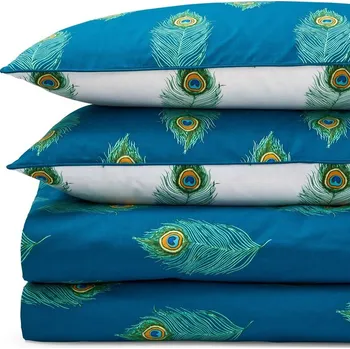 Povlečení Bílé/zelenomodré bavlněné povlečení na dvoulůžko/prodloužené 230x220 cm Peacock Feather – Their Nibs ID_1804545