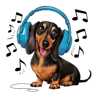 Nášivka Nažehlovací obrázek - jezevčík se sluchátky (18,0 x 18,0 cm)