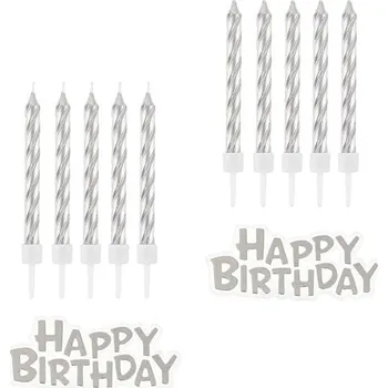 Dortová svíčka Godan Sada svíček narozeniny - happy birthday - stříbrné - 32 ks - 7 cm