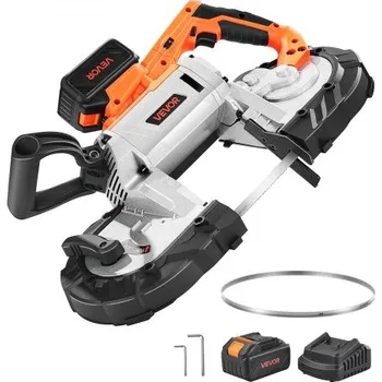Pásová pila Přenosná pásová pila VEVOR 20V, hloubka řezu 127 mm x 115 mm, AC 220V, 360W pásová pila s bezkartáčovým motorem, baterie 4,0 Ah, akumulátorová a kompaktní přenosná pásová pila, variabilní rychlost 0–120 m/min, pro řezání kovu a dřeva