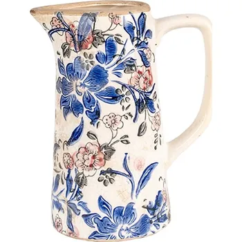 Béžový keramický dekorační džbán s modrými květy Marsia M - 16*11*20 cm