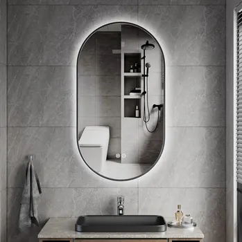 Zrcadlo Erga Freya, oválné LED zrcadlo 50x90cm v černém kovovém rámu, 3 barvy světla, zadní osvětlení, vyhřívací podložka proti zapaření, ERG-V01-FREYA-5090-BK