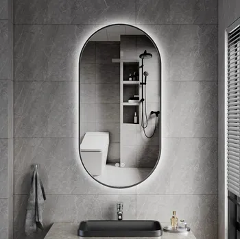 Zrcadlo Erga Freya, oválné LED zrcadlo 50x100cm v černém kovovém rámu, 3 barvy světla, zadní osvětlení, vyhřívací podložka proti zapaření, ERG-V01-FREYA-5010-BK