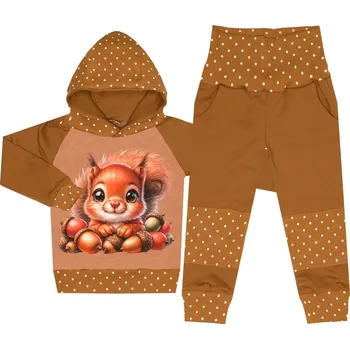 Tepláková souprava - Puntík hnědá - veverka (kapuca) Velikost: 122