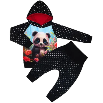 Tepláková souprava - Puntík černý - panda (kapuca) Velikost: 86