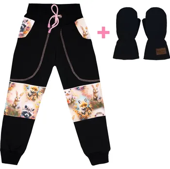 Chlapecké kalhoty Komplet - Softshellové kalhoty s fleecem - Zvířátka a černé rukavice Velikost: 122