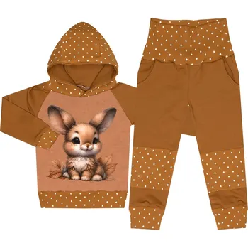 Tepláková souprava - Puntík hnědá - zajíček (kapuca) Velikost: 86