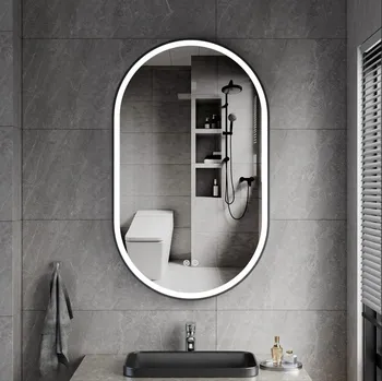 Zrcadlo Erga Gwen, oválné LED zrcadlo 60x100cm v černém kovovém rámu, 3 barvy světla, přední osvětlení, vyhřívací podložka proti zapaření, ERG-V01-GWEN-6010-BK