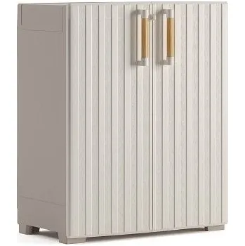 Zahradní skříň Venkovní skříňka plastová nízká béžová voděodolná na zahradu / terasu, 98x80x45 cm