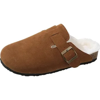 Dámské sandále Retro nazouvací pantofle s páskem a kožíškem Barva: Hnědá, Velikost: 42