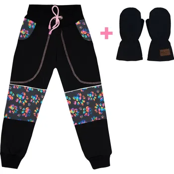 Komplet - Softshellové kalhoty s fleecem - Tlapky a černé rukavice Velikost: 122