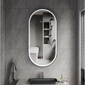 Zrcadlo Erga Gwen, oválné LED zrcadlo 50x100cm v černém kovovém rámu, 3 barvy světla, přední osvětlení, vyhřívací podložka proti zapaření, ERG-V01-GWEN-5010-BK