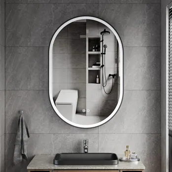 Zrcadlo Erga Gwen, oválné LED zrcadlo 60x90cm v černém kovovém rámu, 3 barvy světla, přední osvětlení, topná podložka proti zapaření, ERG-V01-GWEN-6090-BK