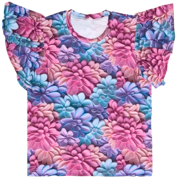 Dámské tričko s volánky - Růžovo-modré kytičky Velikost: XS