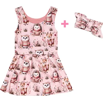 Komplet - Laclové šatičky s čelenkou - Růžová zvířátka Velikost: 122