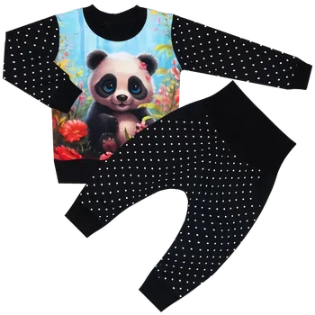 Tepláková souprava - Puntík černý - panda (bez kapuce) Velikost: 92