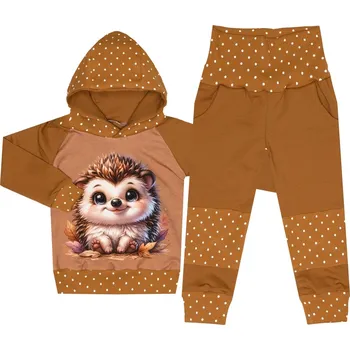 Tepláková souprava - Puntík hnědá - ježek (kapuca) Velikost: 110