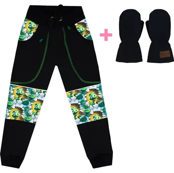 Komplet - Softshellové kalhoty s fleecem - DINO zelený a černé rukavice Velikost: 122