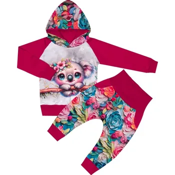 Tepláková souprava - Kytičky s koalou (kapuca) Velikost: 128