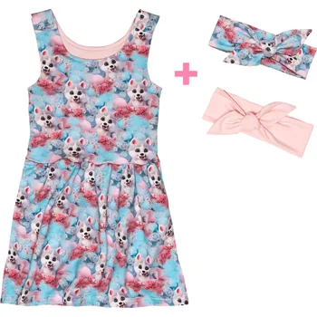 Dívčí šaty Komplet - Laclové šatičky s čelenkami - Pejsek Husky Velikost: 122