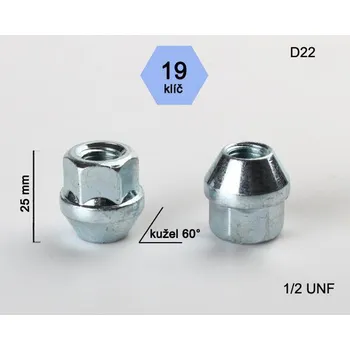 Matice na kolo Kolová matice 1/2 UNF, dosedací plocha kužel, otevřená, klíč 19, pozink stříbrná (Matice na kola)