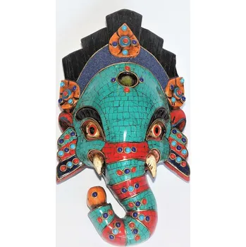 GANESHA dřevěná maska, vykládaná tyrkysem a korálem /2