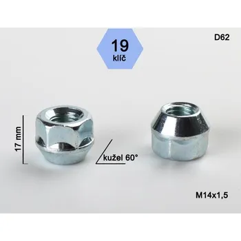 Matice na kolo Kolová matice M14x1,5mm, dosedací plocha kužel, otevřená, klíč 19, pozink (Matice na kola)