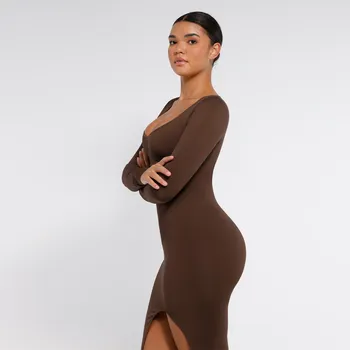 Dámské šaty Tvarující šaty s dlouhým rukávem, HNĚDÉ velikost ostatní: 3XL/4XL