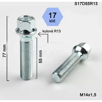Šroubek na kolo Šroub na kola M14x1,5x55mm, dosedací plocha koule R13, klíč 17, pozink stříbrný (Šroub na kola)