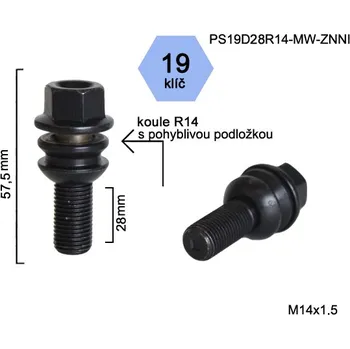 Šroubek na kolo Kolový šroub M14x1,5x28mm, dosedací plocha koule R14 pohyblivá, klíč 19, pozink černý (Šroub na kola)