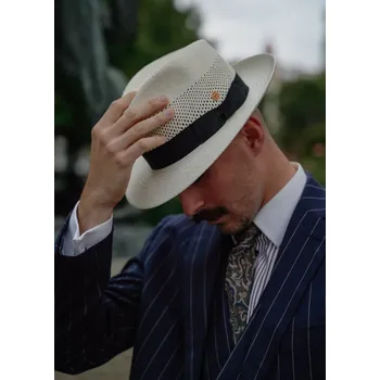 Klobouk Luxusní panamský klobouk Fedora - Mayser Imperia - s černou stuhou Velikost: 61 cm (XL)