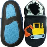 CAROZOO Kožené capáčky s gumovou podrážkou bagr 2-3 roky Modrá 24,5