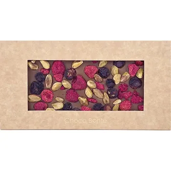 Čokoláda Choco Bonté Mléčná čokoláda s borůvkami, malinami a pistáciemi
