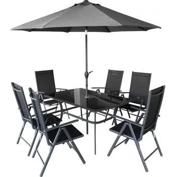 HECHT SHADOW SET (Set zahradního nábytku se slunečníkem. Stůl: Š 150 x H 90 x V 72 cm / Křeslo: Š 56 x H 65 x V 107 cm, nosnost: 120 kg Slunečník: Ø 270 cm, V 220 cm, 8 žeber, sklápěcí.)
