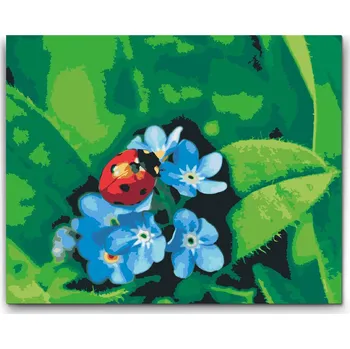 Malování podle čísel - Beruška na modrých květech Velikost: 30x40cm, Rámování: Pouze srolované plátno
