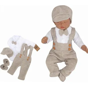 Kojenecká souprava Z&Z 5-dílná pletená sada Boy, body, kalhoty, čepička, motýlek, botičky, béžová, vel. 68, Velikost koj. oblečení 68 (3-6m)