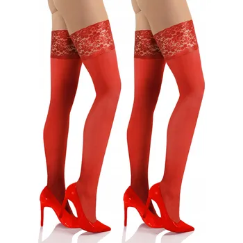 Dámské punčochy Sesto Senso 2 páry samodržících punčoch s krajkou 40 DEN M/L Červené