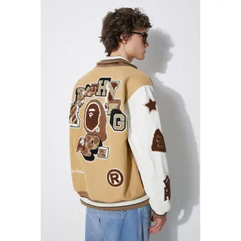 Pánský bomber Vlněná bomber bunda A Bathing Ape Bape Multi Motif Varsity, S, béžová, 80X