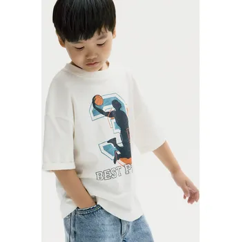 Dětská móda Reserved - Bavlněné tričko s potiskem - krémová - 031FH-01X - 031FH-01X-140