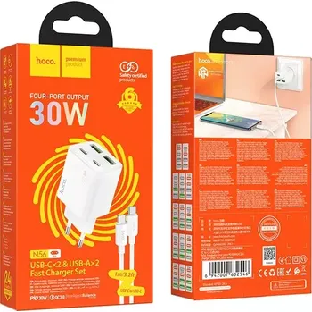 Síťová nabíječka Hoco N56 30W 4×USB + kabel USB-C bílá (íťová nabíječka Hoco N56 30W – 2× USB-C + 2× USB-A, QC3.0, PD, s kabelem USB-C – USB-C, bílá)