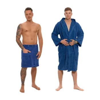 Pánský župan Sada Navy Blue: župan s kapucí + pánský saunový kilt + osuška M