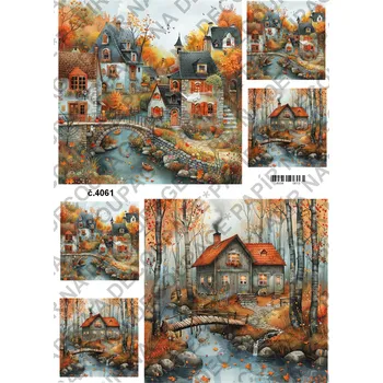 Umělecký papír Rýžový a soft papír na decoupage - Podzimní domečky - KB04061 Materiál: Soft, Rozměr: A4