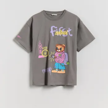 Dívčí tričko Reserved - Bavlněné tričko s potiskem - tmavě šedá - 522FT-90X - 522FT-90X-128