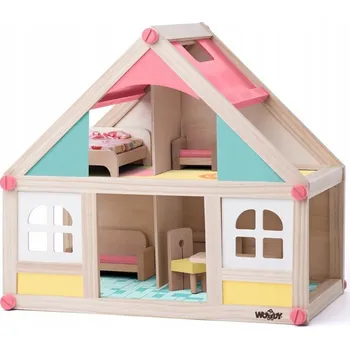 Domeček pro panenku DŘEVĚNÝ DOMEČEK PRO PANENKY S NÁBYTKEM WOODYLAND PASTELOVÝ BRIGITA WOODY NÁBYTEK