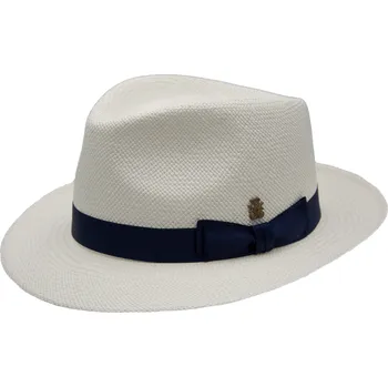 Klobouk Mayser Luxusní panamský bělený klobouk Fedora Bogart s modrou stuhou - ručně pletený, UV faktor 80 - Pablito Velikost: 59 cm (L)
