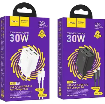 Síťová nabíječka Hoco N56 30W 4×USB + kabel Lightning bílá (Síťová nabíječka Hoco N56 30W – 2× USB-C + 2× USB-A, QC3.0, PD, s kabelem USB-C na Lightning, bílá)