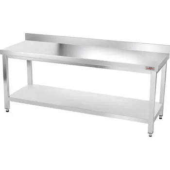 Dílenský stůl DASgastro Nerezový pracovní stůl se spodní policí a zadním lemem - 1,6 x 0,7 m