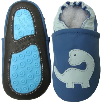 Capáčky CAROZOO Kožené capáčky s gumovou podrážkou dinosaurus modrý 12-18 měsíců Modrá 21,5