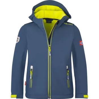 Dívčí bunda DĚTSKÁ ZATEPLENÁ SOFTSHELLOVÁ BUNDA TROLLKIDS TROLLFJORD, MYSTIC BLUE / GLOW GREEN Velikost: 116