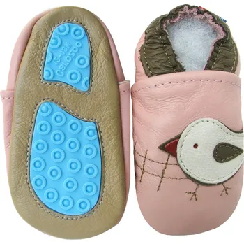 Capáčky CAROZOO Kožené capáčky s gumovou podrážkou ptáček růžový 18-24 měsíců Růžová 22,5